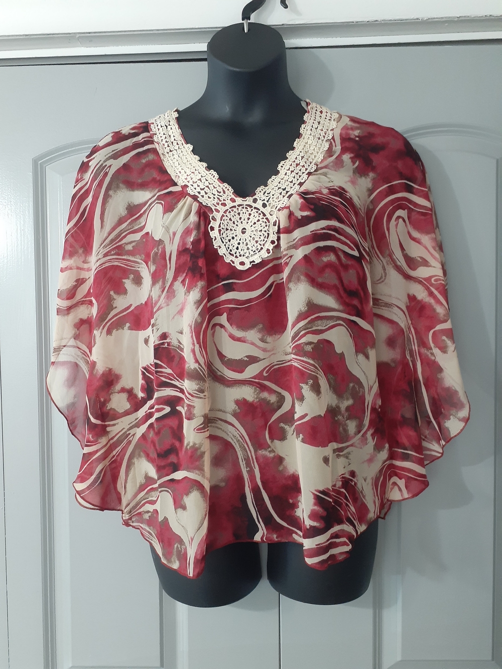 Wrapper  Marble Chiffon Tunic with Cream Crochet V-Neck